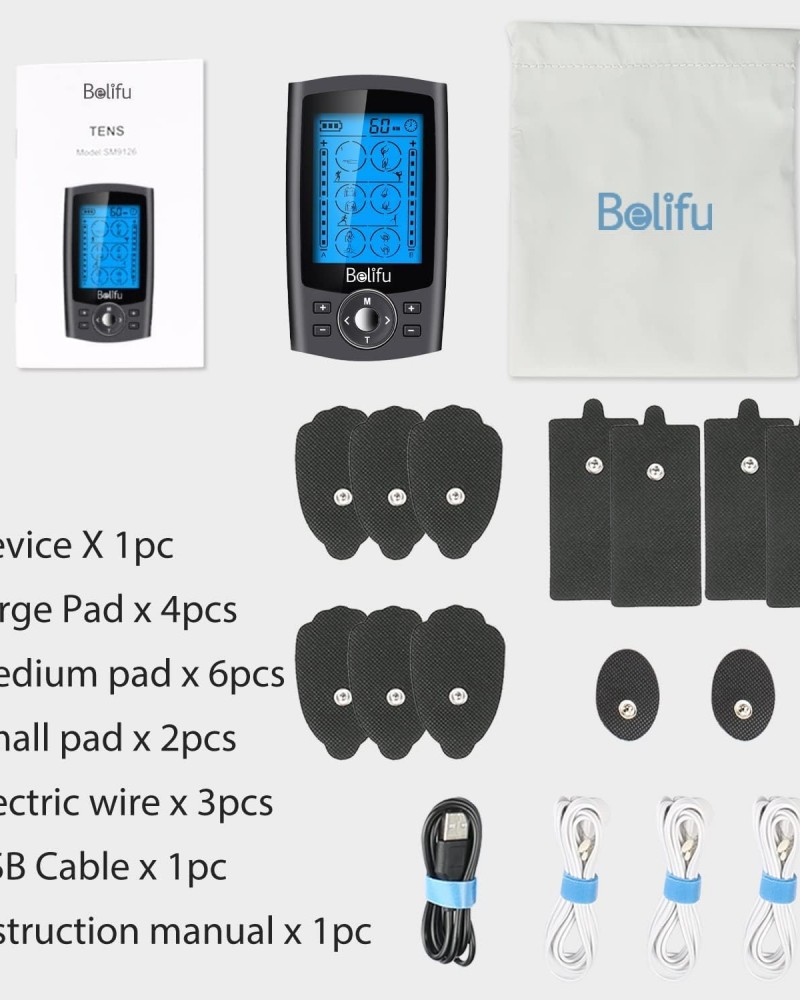 Belifu Dual Channel TENS EMS Unit with 12 Pads, 24 Modes Muscle Stimulator, Electronic Pulse Massager Muscle Massager for Pain Relief Therapy, Fastening Cable Ties, Dust-Proof Drawstring Storage Bag